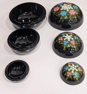 VTG Hand Painted Black Lacquer Nesting Boxes Set of 3 Floral Ukrainian Folk Art